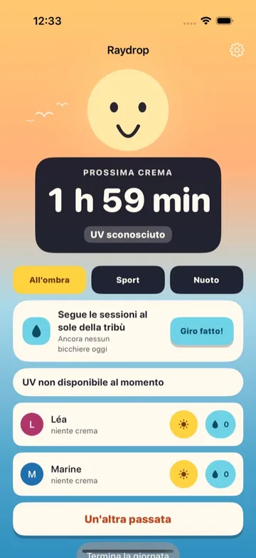 Schermata principale di Raydrop: conto alla rovescia per la prossima crema, giro d'acqua, profili della tribù