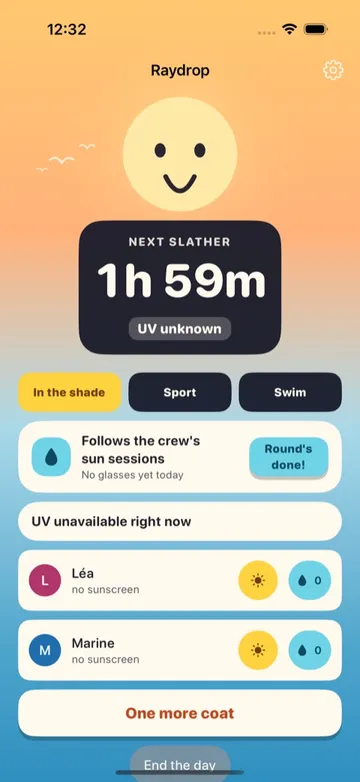 Raydrop's main screen: countdown to the next sunscreen slather, water round, crew profiles
